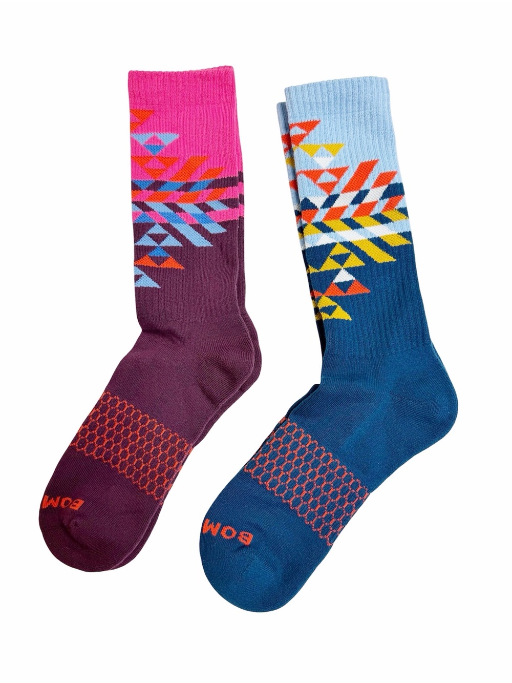 Bombas Men’s Two Pairs Multicolor Geometric Crew Socks  in Teal & Plum